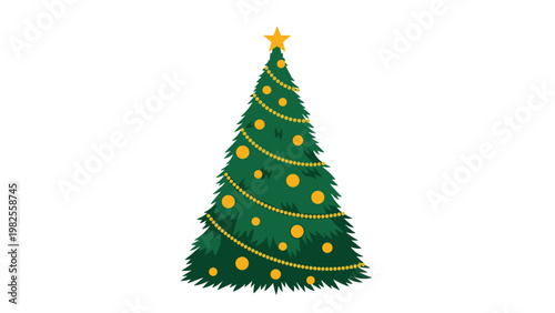 Traditional green Christmas tree decorated with gold baubles and a star topper isolated on a plain white background.