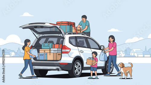 Happy family with children packing their white SUV with suitcases and bags for an exciting outdoor road trip adventure.