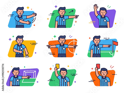 Playful modern flat 2D vector infographic showing a soccer referee making various game-related signals and decisions on the field