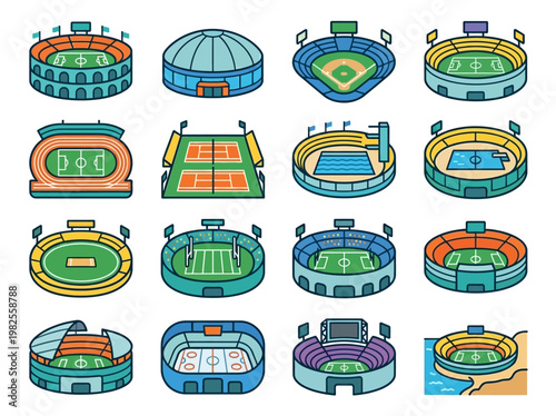 Playful Modern Flat Vector Infographic Collection of Diverse Sports Stadiums and Arenas, Illustrating Global Competition Venues.