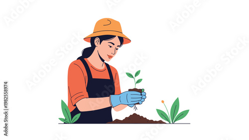Focused female gardener in a hat and apron planting a small green sprout in the soil for organic farming and hobby.