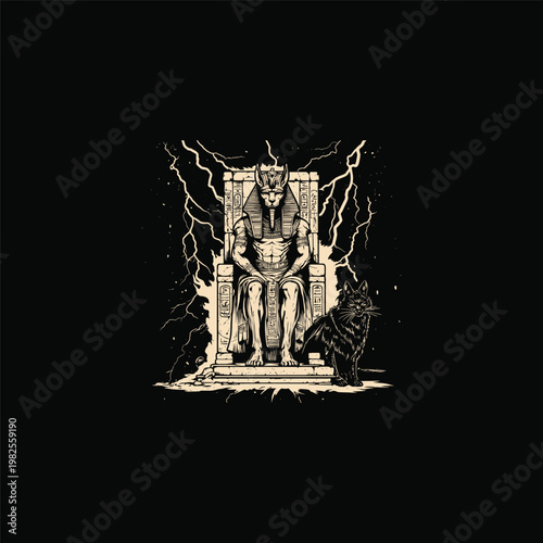 Ancient Egyptian god Anubis sitting on a throne with a black cat and lightning background, vintage woodcut style illustration
