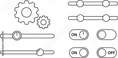 Settings Control Sliders Toggle Switch Gear Icons UI Interface Outline Vector Illustration Set