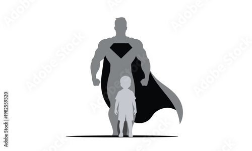 Silhouette of a father figure in a superhero costume standing protectively over a child, symbolizing strength, guidance, and the heroic nature of parental love