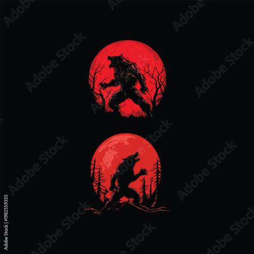 vector illustration showing a muscular werewolf howling on its hind legs in a spooky, dead forest