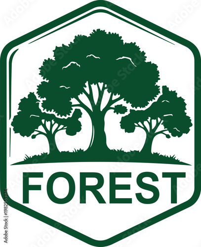 Forest green badge logo with three trees and grass vector illustration for environmental conservation nature branding and outdoor park signage for ecological design.e
