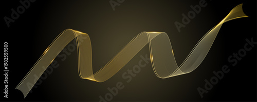 黒背景に輝くゴールドの光のウェーブライン、流れるエネルギーと高級感を表現した抽象的なデジタルアート