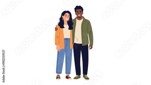 Young interracial couple standing together in casual clothes with the man putting his arm around the woman's shoulder.