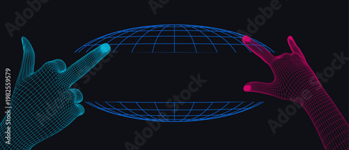 デジタル空間で向かい合うワイヤーフレームの手と地球グリッド、未来的なテクノロジーと接続を象徴するサイバーコンセプト