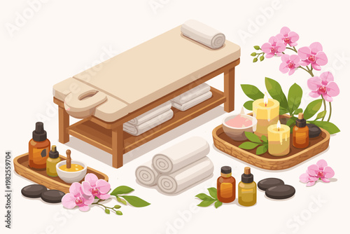Isometric Vector Illustration of Spa and Wellness Elements Featuring a Massage Table, Rolled White Towels, Aromatherapy Essential Oil Bottles, Scented Candles, Hot Stones, and Pink Orchid Flowers