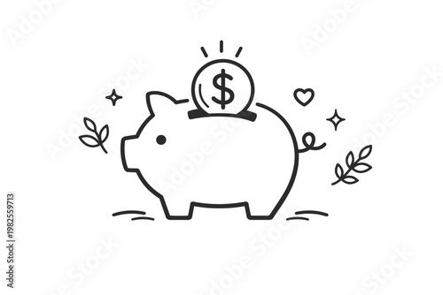 Minimalist piggy bank line art illustration with a dollar coin being inserted, featuring decorative leaves, stars, and a heart. Clean vector design for finance, savings, and budget concepts.