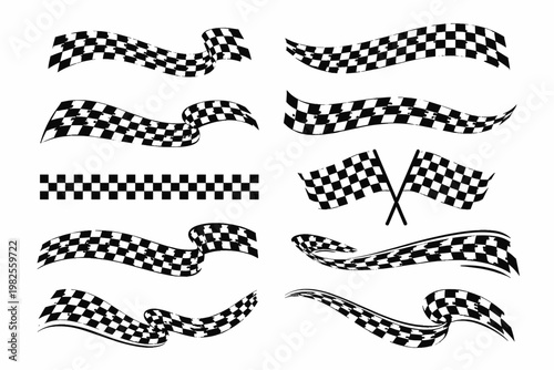 Checkered Flag Ribbons and Borders Set for Racing and Rally Sports. Black and White Finish Line Patterns with Grunge Texture. Vector Illustration of Car Race Check Grid Elements for Competition.