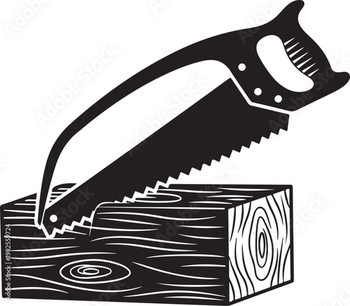 Hand saw cutting wooden block black and white outline drawing woodworking tool carpentry project construction materials.