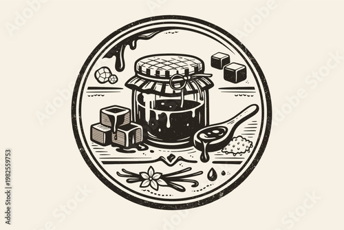 Salted Caramel Sauce Label Design with Homemade Creamy Syrup Jar, Sugar Cubes, Vanilla Beans, and Sea Salt Crystals in a Vintage Circular Logo Style Vector Illustration for Food Packaging Branding