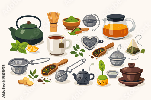 Comprehensive set of tea brewing accessories and tools featuring teapots, mesh strainers, matcha whisk, tea bags, ginger, lemon, and mint leaves. Simple flat vector illustration for design.