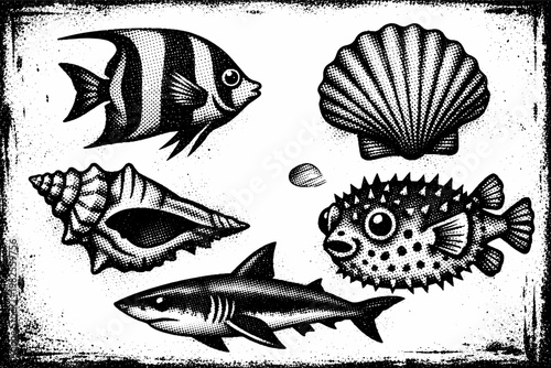 Retro Ocean Life Illustrations with Photocopy Halftone Effect for Creative Collages; Set of Vintage Sea Fish, Shark, Pufferfish, Angelfish and Seashells with Distressed Grunge Texture