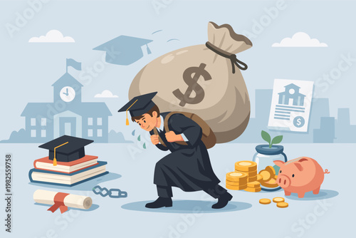 Conceptual Vector Illustration of a Graduated Student Struggling Under the Weight of a Massive Money Bag Representing Student Loan Debt, Financial Burden, and High Tuition Costs of Education.