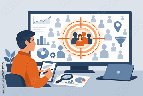 Marketing Specialist Analyzing Target Audience and Niche Market Segments on a Computer Screen with Data Charts, Graphs, and Customer Profiles for Effective Digital Advertising Strategy and Growth