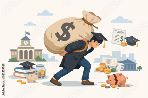 Student Loan Debt Concept Featuring a Graduated Student Carrying a Heavy Money Bag on His Back, Representing the Financial Burden of University Tuition Fees, Education Costs, and Economic Stress.