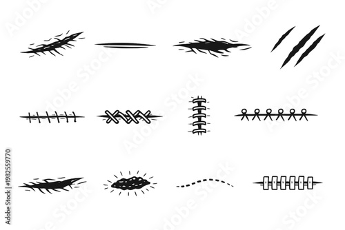 Set of Stylized Monochrome Linear Elements Depicting Various Skin Lacerations, Healing Surgical Stitches, Sutures, and Claw Marks. Hand-Drawn Vector Illustration for Medical or Horror Graphics.