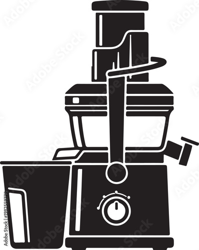 Juice extractor with a collection cup, a fruit juicer appliance in black silhouette isolated on a transparent background