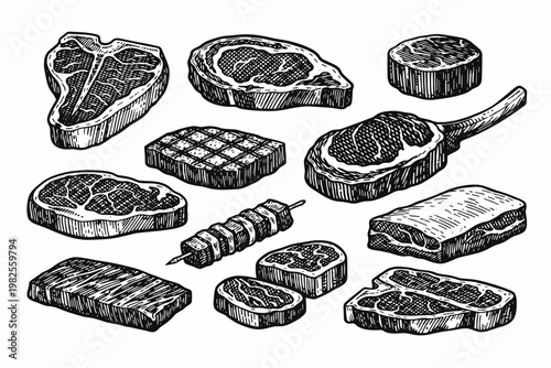 Vintage Hand-Drawn Beef Steak Cuts Illustration Set Featuring T-Bone, Ribeye, Tomahawk, Sirloin, and Fillet Mignon in Classic Black and White Engraving Style for Butcher Shop and Menu Design