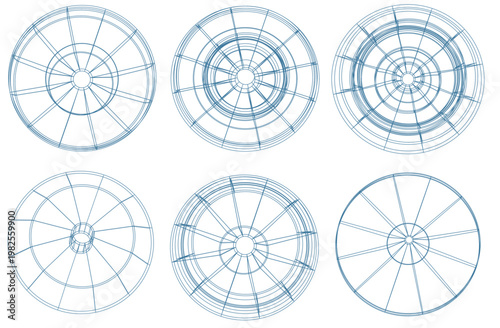 精密な円形構造と放射線で構成されたテクニカルサークル図面セット、工業デザインやUIに使える幾何学ライン素材集