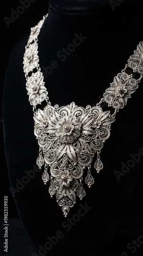 Luxury Indonesian silver filigree jewelry inspired by traditional craftsmanship from Kotagede, Yogyakarta. The intricate handmade silverwork features delicate floral patterns and fine detailing, captu