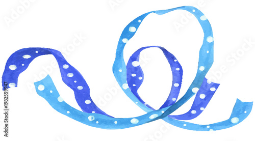水彩タッチで描かれた青から水色へのグラデーションリボンライン、やわらかく流れる手描き風の抽象曲線デザイン素材
