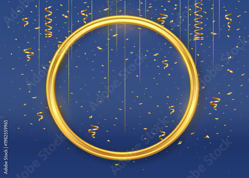 高級感のあるネイビーブルーと金のサークルフレーム背景。豪華な金色の紙吹雪とリボンが舞う祝賀・イベント・アワード用のコピースペース付きベクター素材