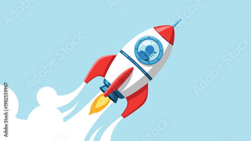Cartoon rocket ship launching into a blue sky with white exhaust clouds representing innovation and startup growth.