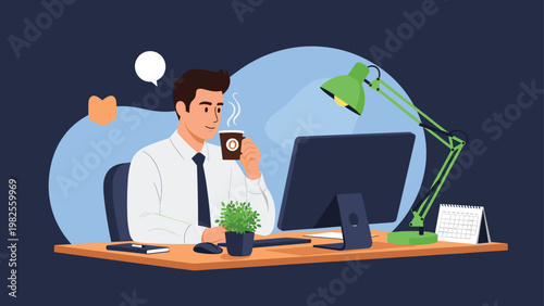 Professional man working at his desk on a computer while drinking coffee under a desk lamp in a modern office setup.