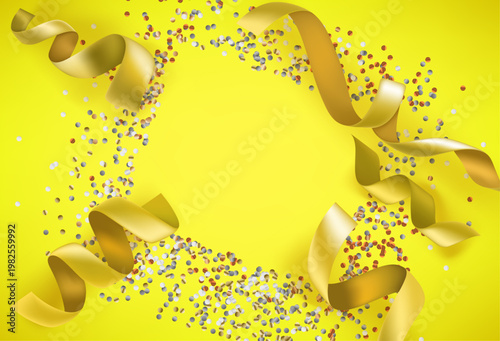 鮮やかな黄色背景に舞う金色リボンとカラフルな紙吹雪が囲む華やかな祝賀イベント用フレームデザイン