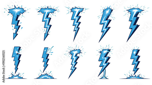 Set of stylized blue lightning bolt illustrations with electric sparks and flashes depicted in a comic book cartoon style.