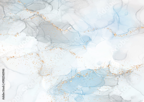 淡いブルーとホワイトの流動的なアルコールインクにゴールドの粒子が広がる上品で高級感のある抽象アート背景テクスチャ