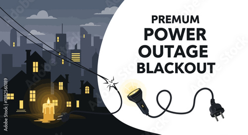 Night cityscape illustration showing a silhouette of houses with a candle glowing in one window and electrical wires against a skyline, contrasted with a flashlight, plug, and text