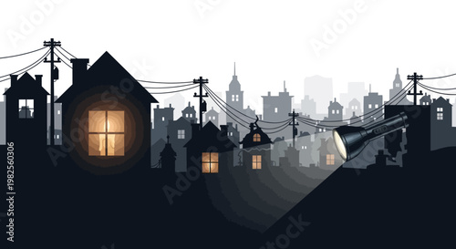 Silhouetted cityscape illustration featuring a house with a brightly lit window and a flashlight beam shining across the scene, set against a hazy background with a dark, mysterious mood