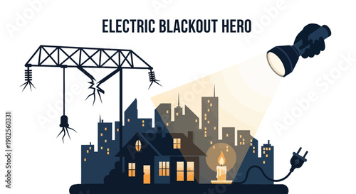 Stylized vector illustration depicts a city skyline during a power outage, showing a house illuminated by candlelight and a flashlight beam cutting through the darkness on a white background
