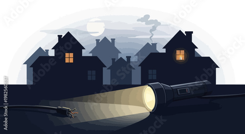 Illustration of a flashlight illuminating the foreground in a neighborhood at night with houses silhouetted against a moonlit sky, conveying a sense of darkness and mystery in a digitally