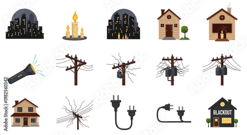 A flat lay showcases a series of vector illustrations depicting power outages, including blacked-out city skylines, candles, damaged power lines, and homes, all set against a clean white