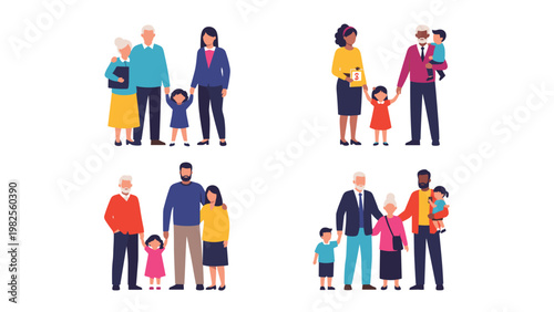 Various diverse family group illustrations including grandparents, parents, and children in different lifestyle configurations.