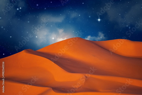 beautiful night sky with stars and moon, desert, moon and stars, dunes, sahara. morocco