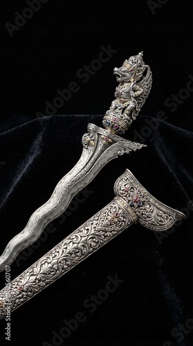 A luxurious silver miniature of the traditional Indonesian keris dagger, featuring an iconic wavy blade and intricate ornamental handle. This handcrafted piece symbolizes Indonesian royal heritage and