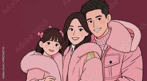 Happy Family in Matching Pink Winter Coats