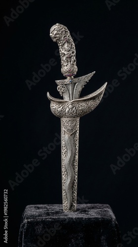 A luxurious silver miniature of the traditional Indonesian keris dagger, featuring an iconic wavy blade and intricate ornamental handle. This handcrafted piece symbolizes Indonesian royal heritage and