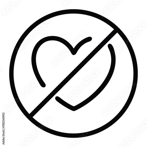 Minimalist line art icon of a heart with a prohibition sign, symbolizing no love, dislike, or restricted access