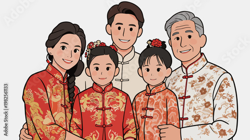 Happy Chinese Family in Traditional Clothing