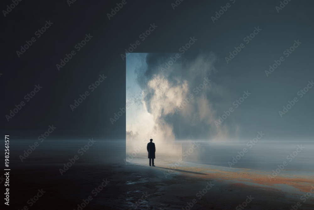 Fototapeta premium Man standing by portal opening to cloudy sky, copy space