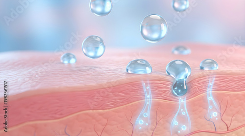 Hyaluronic acid molecules penetrating skin layers. Intense hydration and deep absorption process. Scientific skincare lab illustration.
