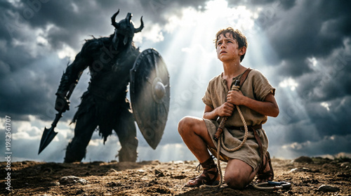 Young David with sling stands brave against giant Goliath in epic sunset battle.